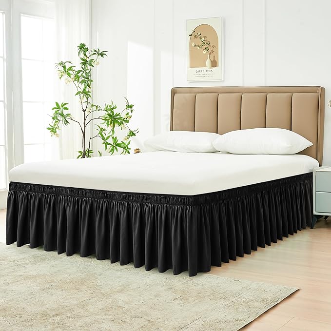 Biscaynebay Wrap Around Bed Skirts for King & Cal King Beds Short Drop of 12", Black Adjustable Elastic Dust Ruffles Easy Fit Wrinkle Resistant Silky Luxurious Fabric Machine Washable