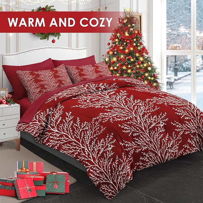 7 Pcs Queen Size Christmas Comforter Set with 2 Pillowcases & 2 Shams, Red Botanical Bedding for Kids and Adults, Winter Tree Branch Bed in a Bag with Flat Fitted Sheet