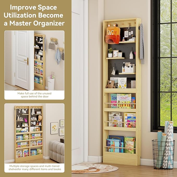 ELECWISH Kids Bookshelf, Behind The Dooor Wall Mounted 70" Tall Bookcase with Open Display Shelves, Space-Saving Narrow Book Shelf for Children's Study Living Room, Nursery, Set of 2