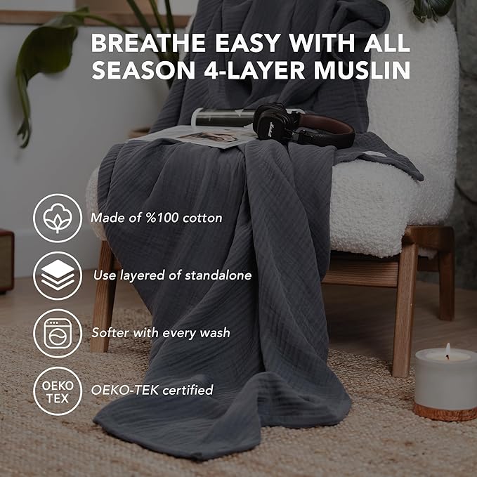 Goqan Muslin Blanket King Size 90x108 – 100% Cotton 4 Layer Boho Muslin Blanket for Adults, Lightweight, Soft, Breathable - Dark Grey