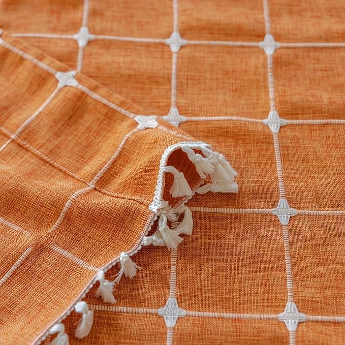 Deeprove Burnt Orange Boho Curtain Valance 18 Inches Length Teal Bohemian Lattice Gingham Textured Embroidery Plaids, Vintage Chic Tassels Casual Fall Decor Drapes Rod Pocket, 1 Panel W52 x L18