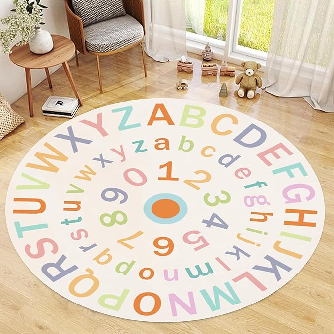 Children's Round Colorful ABC Rug,4ft,Soft Fluffy Alphabet Educational Rug, Non-Slip Washable Children's Crawling Game Rug Carpet for Boys Girls Bedroom Playroom Nursery Decoration