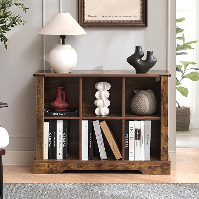 6 Cube Storage Organizer, 2 Tier Book Shelf with Led Lights, Farmhouse Book Shelves for Living Room, Horizontal Toy Storage Bookshelf, Wood Display Bookcase Cabinet for Bedroom, Office, Brown