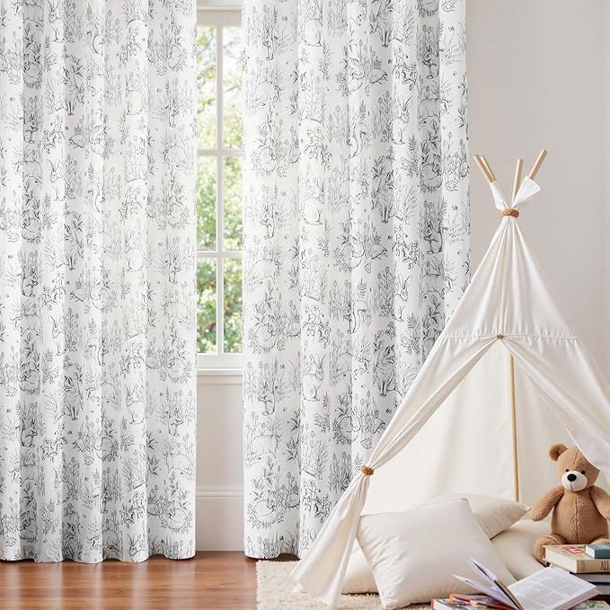 jinchan Linen Nursery Curtains 90 inch Long Woodland Wildlife Grey Print Drapes for Kid's Room Light Filtering French Country Farmhouse Gray Curtains with Bunny and Forest Design Set of 2 Panels