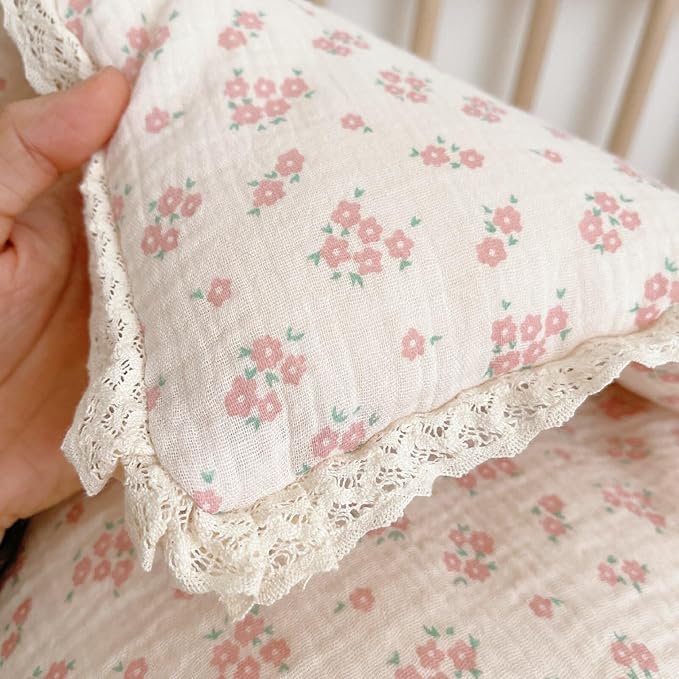 BuLuTu Pink Floral Kids Quilts Full Bed Comforter for Girls Teens Cotton Muslin Quilted Blanket with Chic Lace Edges Reversible Galsang Flower Pattern Quilt, 1 Piece, 79"x90"
