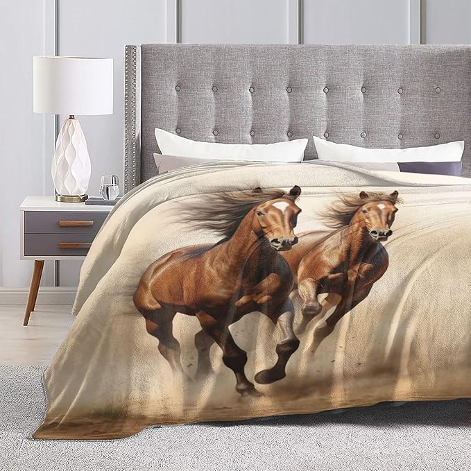 Horse Blanket Animal Horses Running Pattern Print Flannel Throw Blankets for Home Couch Bed Sofa Soft Fuzzy Lightweight Decor Gifts for All Season 80x60 Inches