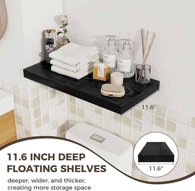 Fun Memories 24 x 12 Inch Deep Floating Shelves, 12 Inch Deep Rustic Wooden Book Shelf, Extra Deeper & Thicker Hanging Shelves for Living Room, Bathroom, Bedroom, Kitchen, Office, Set of 3 (Black)