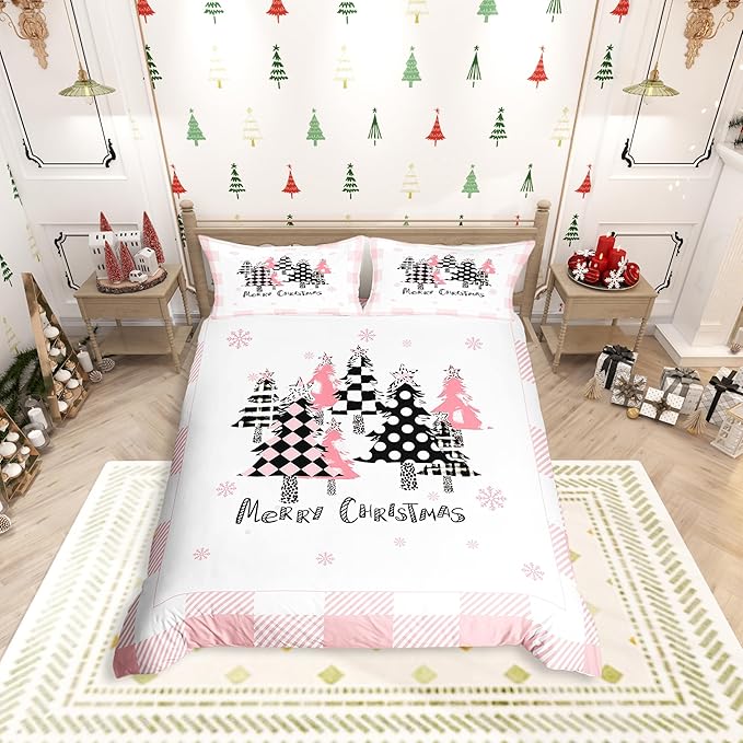 Merry Christmas Duvet Cover Set King Size, Pink Plaid Xmas Trees Bedding Set 3pcs, New Year Holiday Quilt Cover with Zipper Closures, Kids Girls Santa Claus Room Decor, 2 Pillowcases, No Comforter