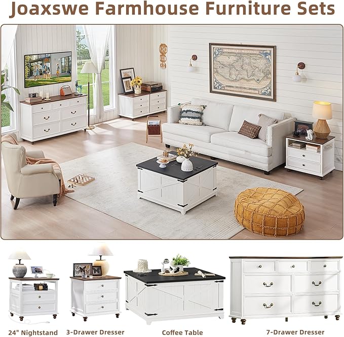 Farmhouse Dresser and Nightstand Sets, Wooden 7 Drawers Dresser & 24" Night Stand with 3 Drawers, 2 Piece Bedroom Furniture Set, Chest of Drawers for Bedroom, Home, Living Room, Hallway