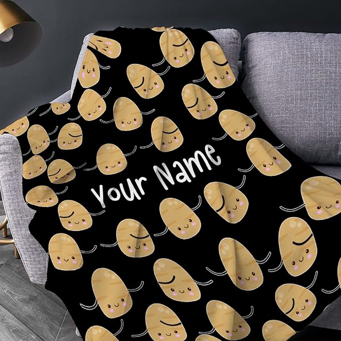 Custom Flannel Blanket with Text Cute Kawaii Potato with Name Customized Blankets Warm Unique Personalized Throw Souvenirs Gift of Love 40”×30” XSmall for Pets