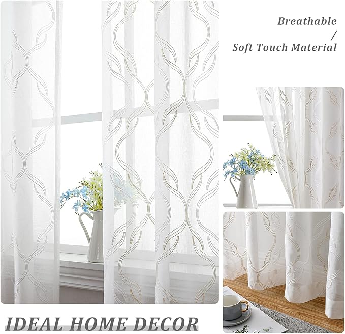 VISIONTEX Sheer Curtains 108 Inches Long 2 Panels Set, Beige and Ivory Two Tone Textured Moroccan Embroidery Geometric Rod Pocket Ivory Voile Tulle Semi Window Treatment Pair for Bedroom, W54 x L108