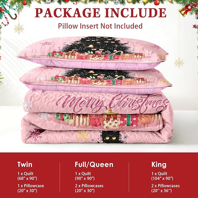 Christmas Full/Queen Size Quilt Set, Black Cat Xmas Trees Lightweight Bedspread Coverlet with Pillow Shams for Kids and Adults, Pink Snowflakes 3 Pcs Bedding Bed Cover