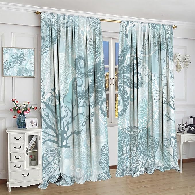Coastal Window Curtains,Nautical Beach Themed Thermal Insulating Blackout Curtain for Living Room, Bedroom Set 2 Panels,55x63 Inches