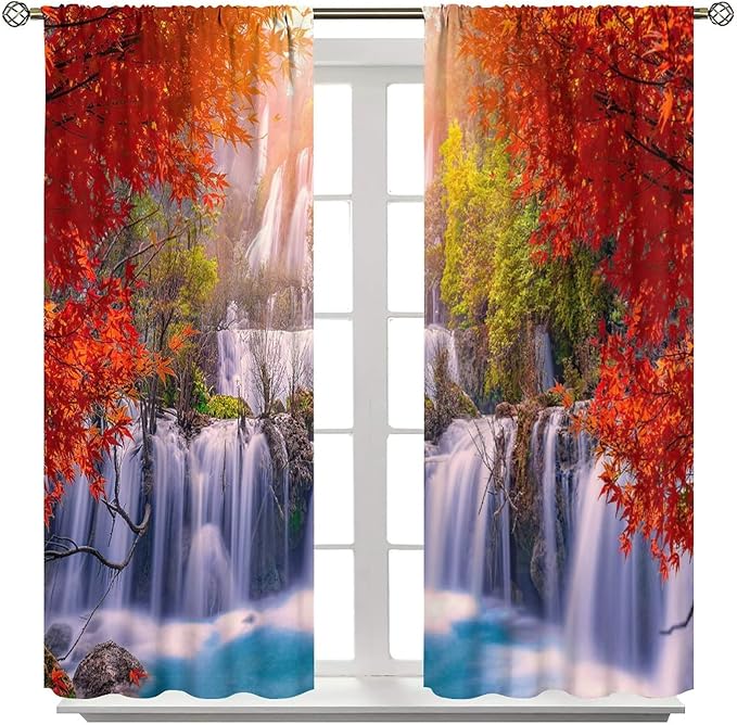 Forest Waterfall Blackout Windows Curtains, Autumn Red Green Maple Leaves Jungle Rainforest Natural Scenery Landscape Curtains, for Living Room Bedroom 72x63in 2 Panels