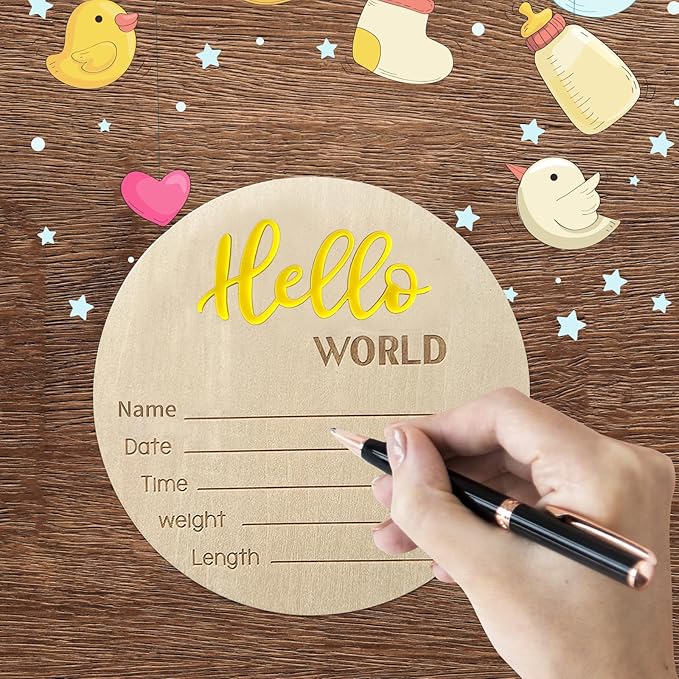 Baby Announcement Sign, 5.9 Inch Wooden Hello World Newborn Signs, Birth Announcement Sign, Baby Shower Hospital Nursery for Newborn Boys and Girls… (Yellow)