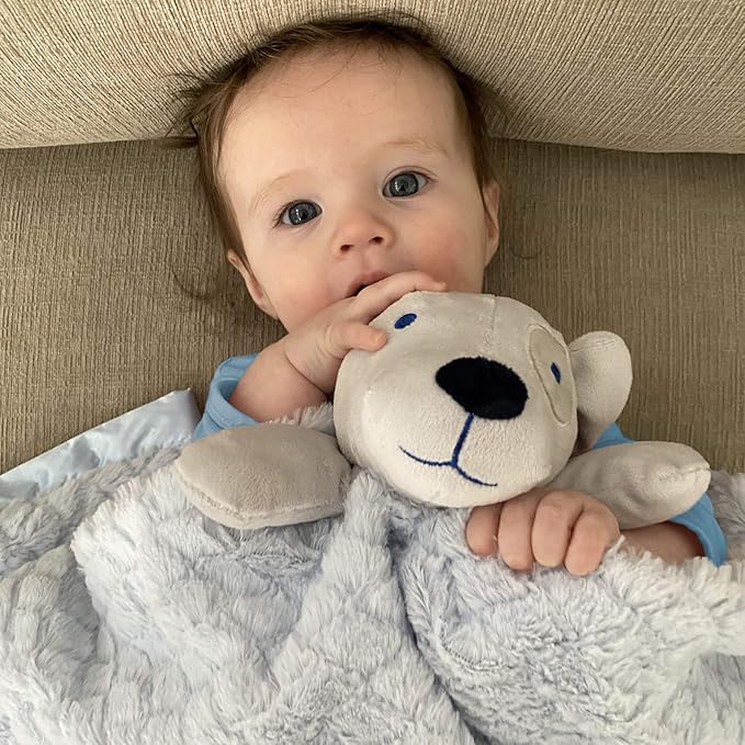 EVERYDAY KIDS Large Lovey Baby Security Blanket for Boys Sweet Dog Stuffed Animal on 30” Adorable Blue Snuggle Baby Blanket; Fluffy Fleece with Attached Plush Toy to Cuddle