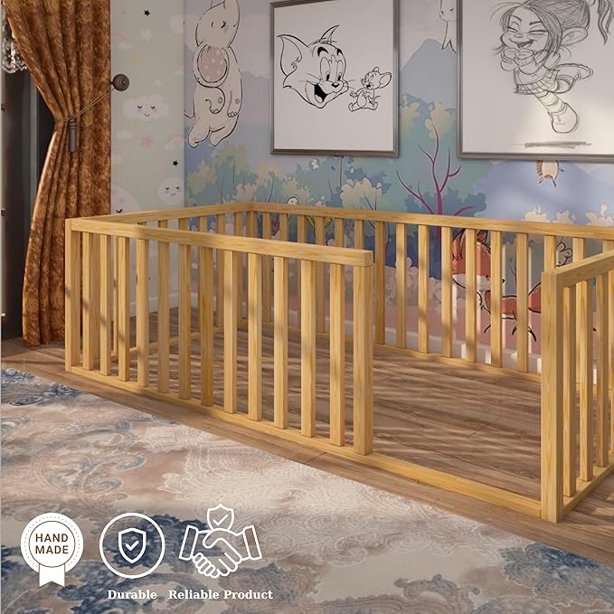 Montessori Floor Bed for Kids 39.4'' x 75.2'' Twin | Toodlers Floor Bed with Safety Guardrails | Pine Wood Baby Bed | Sturdy Wood Frame Bed for Girls and Boys (Twin, Height : 23.6 Inches)