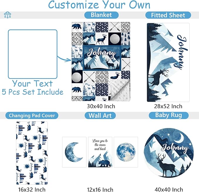 Personalized Baby Crib Bedding Set, 5 Pcs Custom Name Nursery Bedding Set for Boys Girls, Blue Deer Crib Set, Toddlers Crib Bedding, Double Layer, Ideal Gift for Newborn Infant New Parents
