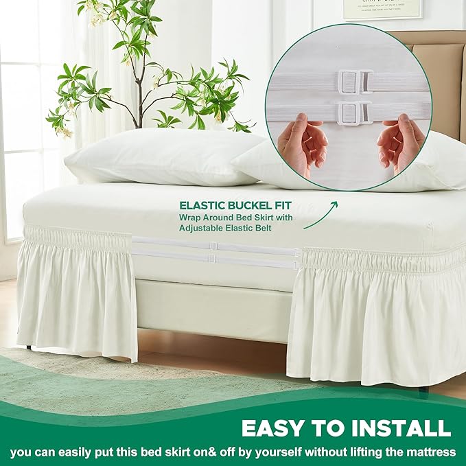 Biscaynebay Wrap Around Bed Skirts for Full & Full XL Beds 22" Long Drop, Ivory Adjustable Elastic Dust Ruffles Easy Fit Wrinkle Resistant Silky Luxurious Fabric Machine Washable