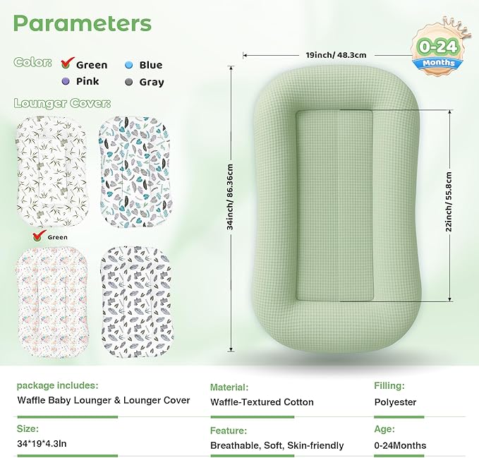 Baby Lounger for Newborn - Infant Lounger 0-24 Months with Lounger Cover, Cooling Baby Nest Lounger, Breathable Waffle Fabric & 3D Support, Portable Newborn Essentials, Green