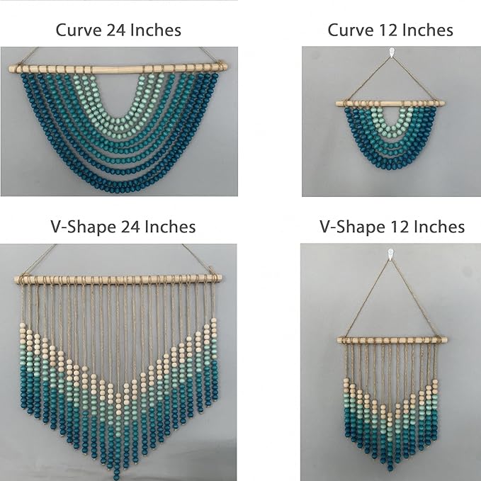 Boho Ombre Wood Bead Wall Hanging, Handmade Unique Giant Art Decor for Bedroom, Nursery, Living Room, or Entryway (Curve Coastal Blue Gradient, 12 Inches)