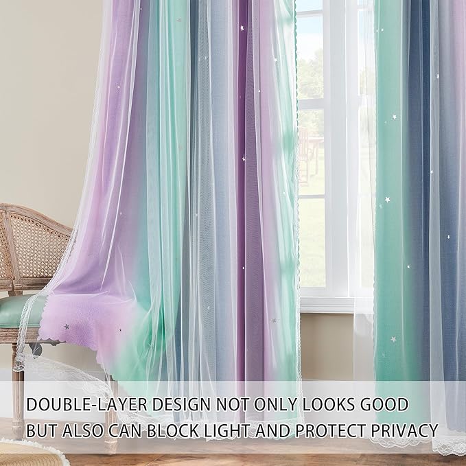 XiDi Purple Grey Curtains for Kids Bedroom Colorful Rainbow Design Cute Green Blackout Curtains for Girls Princess Room Decor Kitchen Cafe Window Grommet 2 Panels Set 54 inchs Long 34 Inches Wide