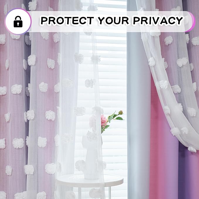 MYSKY HOME Pom Pom Curtains Blackout and Sheer Curtains for Girls Bedroom Ombre Nursery Curtains 84 Inch Long Room Darkening Princess Double Layer Curtains with Grommet Top Pink Purple 52 x 84 in