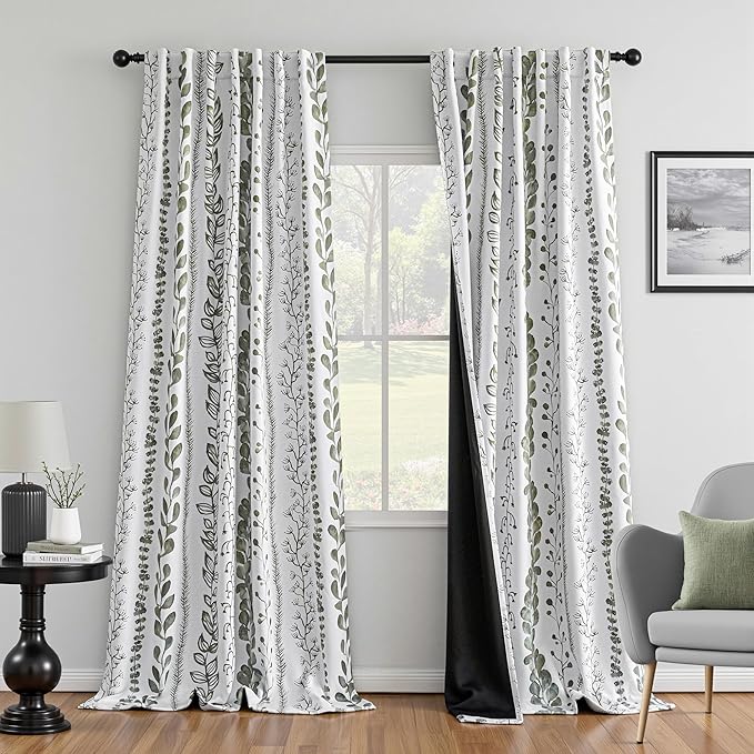 MEETSKY Sage Green Blackout Curtains 72 Inches Long 2 Panels Boho Curtains for Living Room Thermal Insulated Privacy Protection Rod Pocket Drapes for Bedroom, Leaf Print Window Treatment, 50" Wide