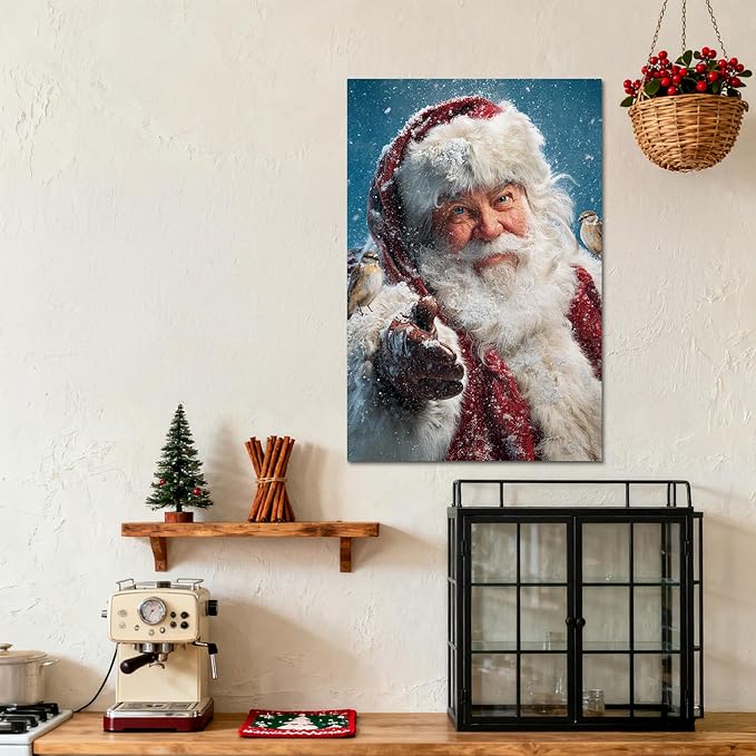 YONICA Christmas Canvas Wall Art Snowy Santa 28x40 Inch Winter Scene with Birds and Snowfall - Large Framed Gallery Wrapped Nature Theme