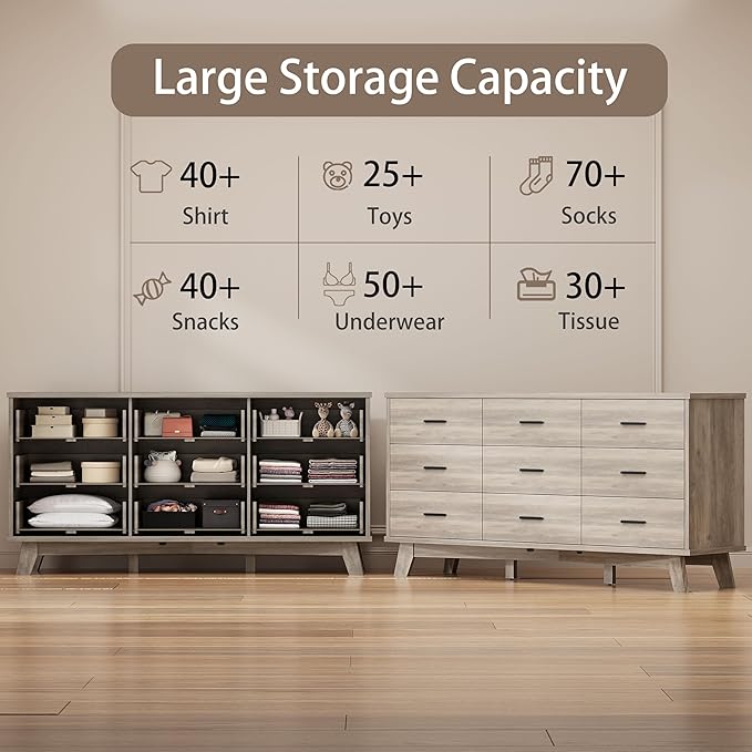 Dresser for Bedroom, 9 Drawer Wide Modern Chest of Drawers with X-Shaped Sturdy Base, Wood Double Dresser Closet Clothes Storage Organizer, Wooden TV Stand for Living Room, Hallway, Grey