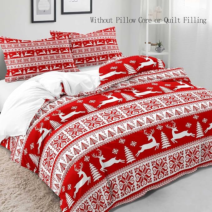 LUVIVIHOME 3PCS Christmas Duvet Cover Full Bedding Set, Red Duvet Cover, White Reindeer Snowflake Christmas Tree Winter Holiday New Year Xmas Striped Comforter Quilt, 2 Pillow Shams