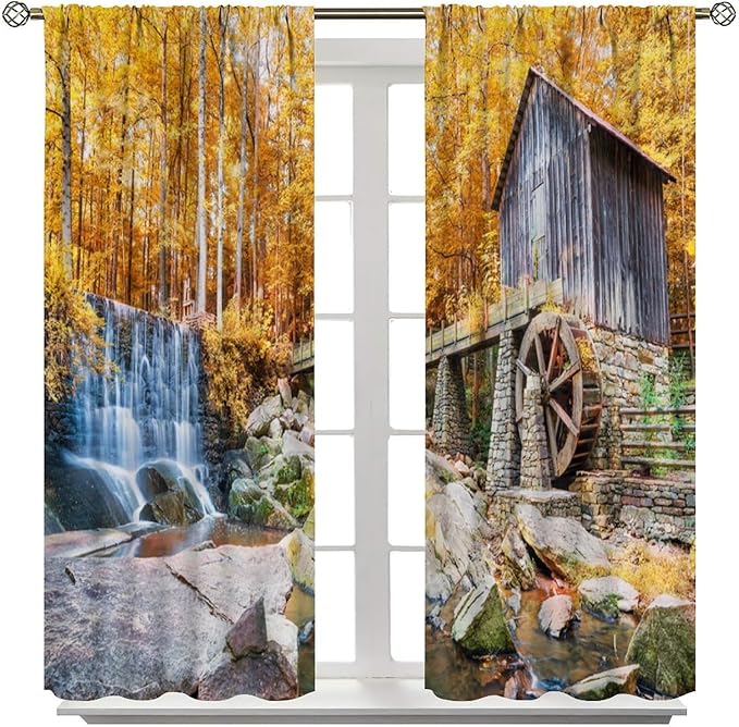 Autumn Waterfall Blackout Curtains, Landscape Fall Waterfall Outdoor Nature Art Window Drapes, for Bedroom Living Room 84" W X 84" L