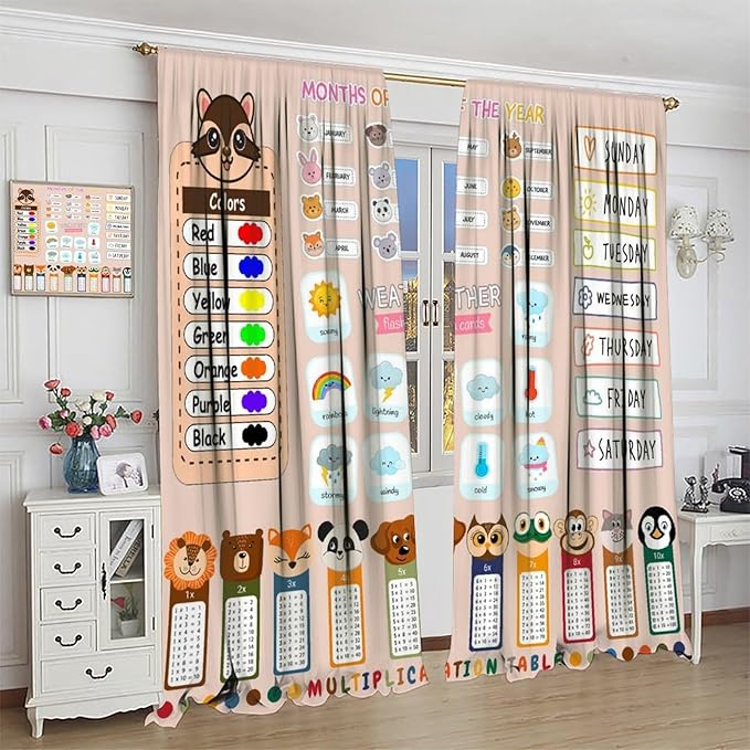 Funny Kids Educational Alphabet Curtain Cartoon Colorful Weather Multiplication Table Printed Rod Pocket Blackout Window Treatments for Bedroom Living Room 52" W X 84" L