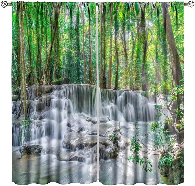 Forest Waterfall Blackout Curtains, Scene Nature Theme Mountain Stream Scenery Print Window Drapes, for Bedroom Living Room 63" W X 63" L