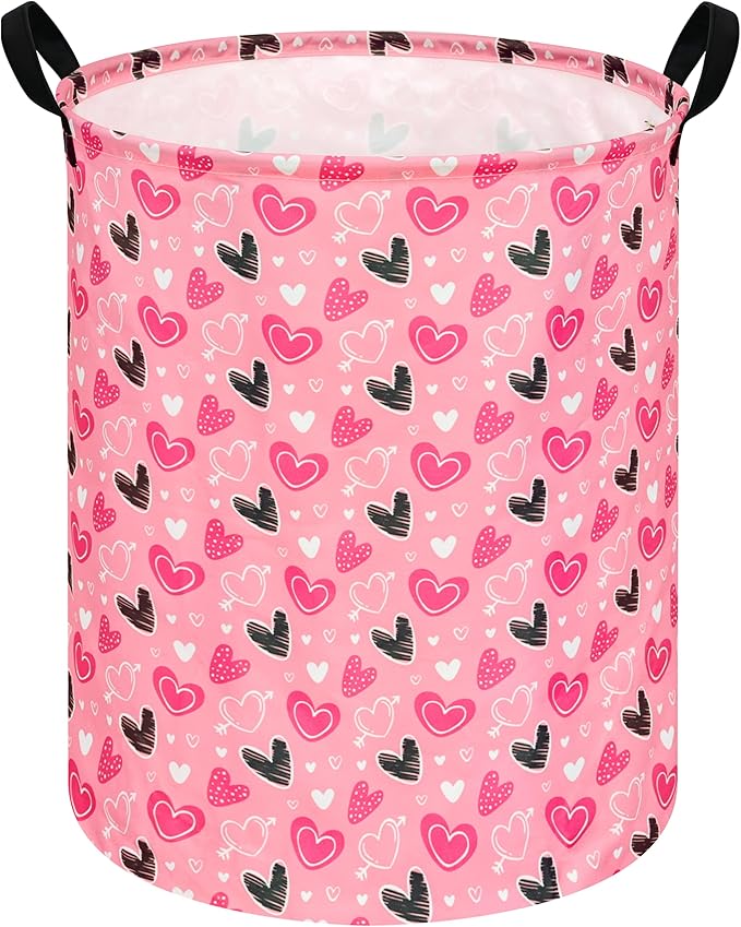 KUNRO Heart Valentine's Laundry Gift Basket Storage Hamper, Kids Toys and Clothes Storage Organizer Bins, Toy Shelf Basket with Handles for Room Decor