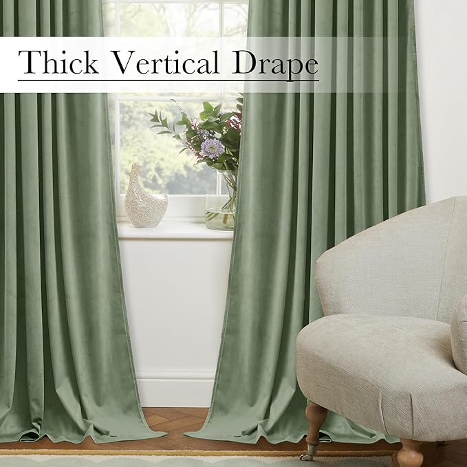 StangH Retro Green Velvet Curtains Room Darkening, 52x108 Inches, Super Soft Velvet Drapes with Rod Pocket Back Tab, Thermal Insulated Window Treatment for Bedroom, Living Room, 2 Panels