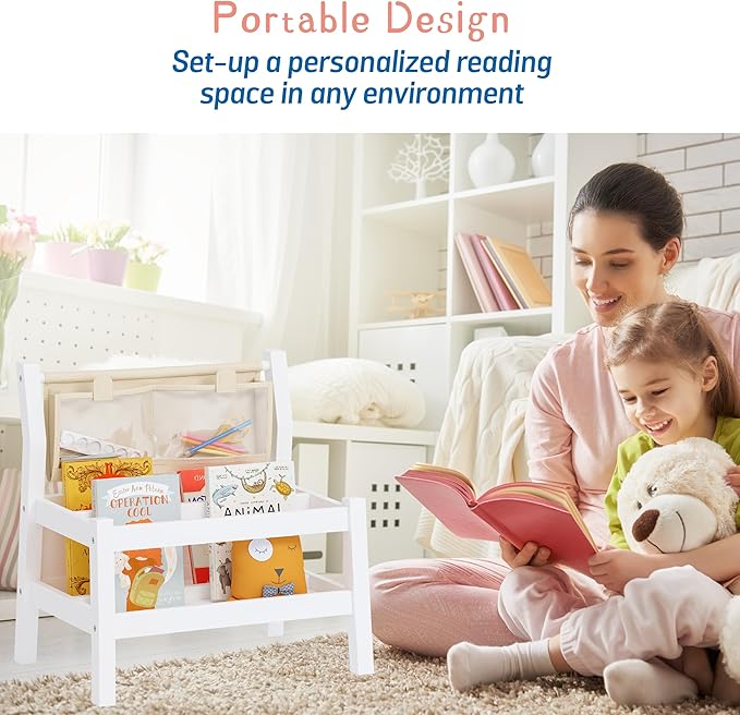 Spirich Montessori Kids Bookshelf, Floor Book Shelf for Kids Rooms, Toddler Book Caddy with Clear Pouch,Baby Book Display, Children Bookcase for Classroom Nursery, White