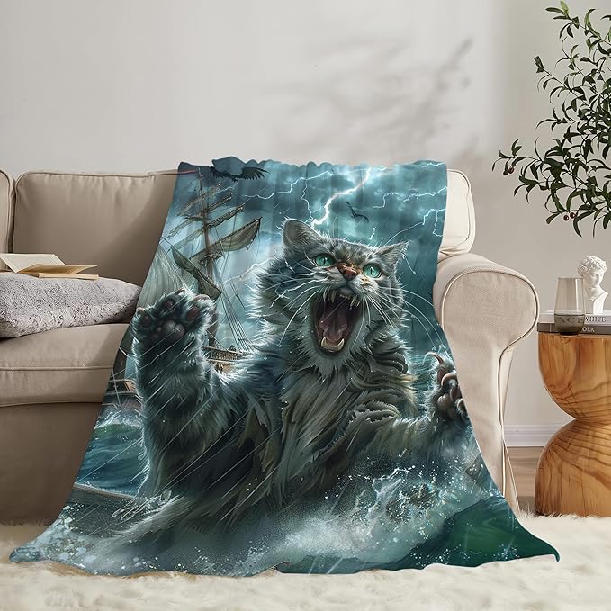 Funny Cat Blanket Nautical Boat Throw Blanket Ocean Gifts and Decor Cat Blanket for Girls Boys Women Men Kids Adults Soft Warm Cozy Fleece Blanket for Couch Sofa Bed 60"x50"