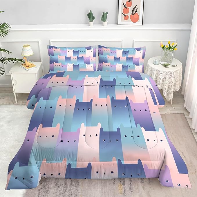 Cat Comforter Set Full: Kawaii Gradient Cats Print Bedding Set Full Size for Teen Girls Kids Room Decor Blue Pink Cute Kittens Quilt Bed Sets 1 Comforter & 2 Pillowcases
