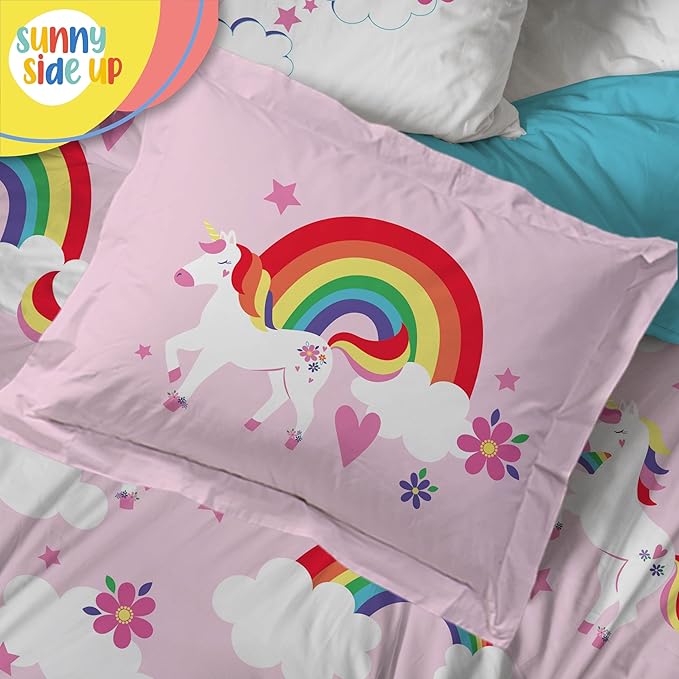 Sunny Side Up Rainbow Unicorns Twin Comforter Set - 5 Piece Kids Bedding Includes Comforter, Sheets & Pillow Cover - Super Soft Pink Floral Microfiber Bed Set