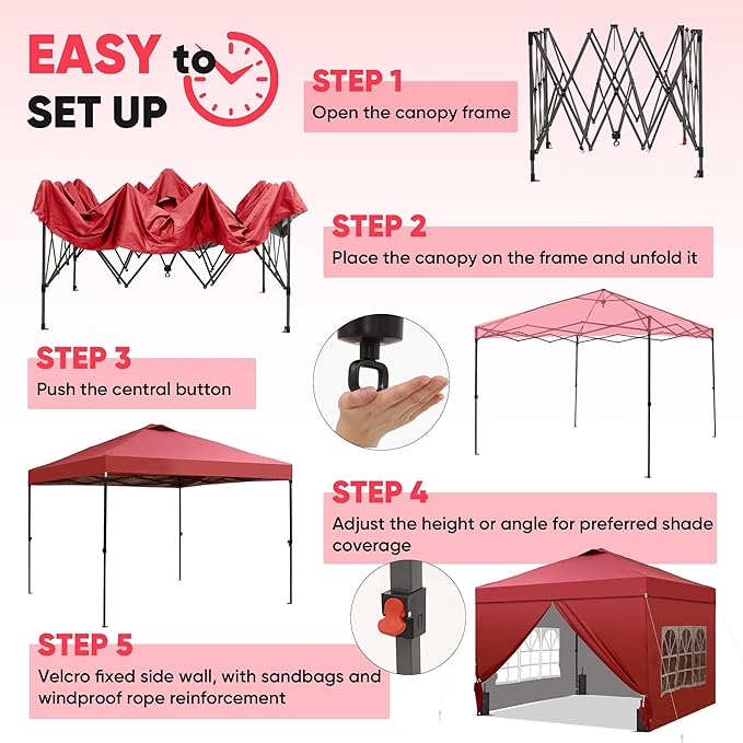 GDY 12x12 Pop Up Canopy Tent with 4 Sidewalls, Easy Set up with One Push Lift Outdoor Silver Coated Beach Gazebos, Carpas for Pool, Events, Parties, and Camping, Red.