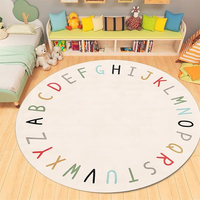 Children's Round Play Rug,3ft,ABC Letter Educational Rug, Soft and Fluffy Imitation Cashmere Rug, Non-Slip Washable Floor Mat for Children's Room, Suitable for Nursery, Classroom, Playroom