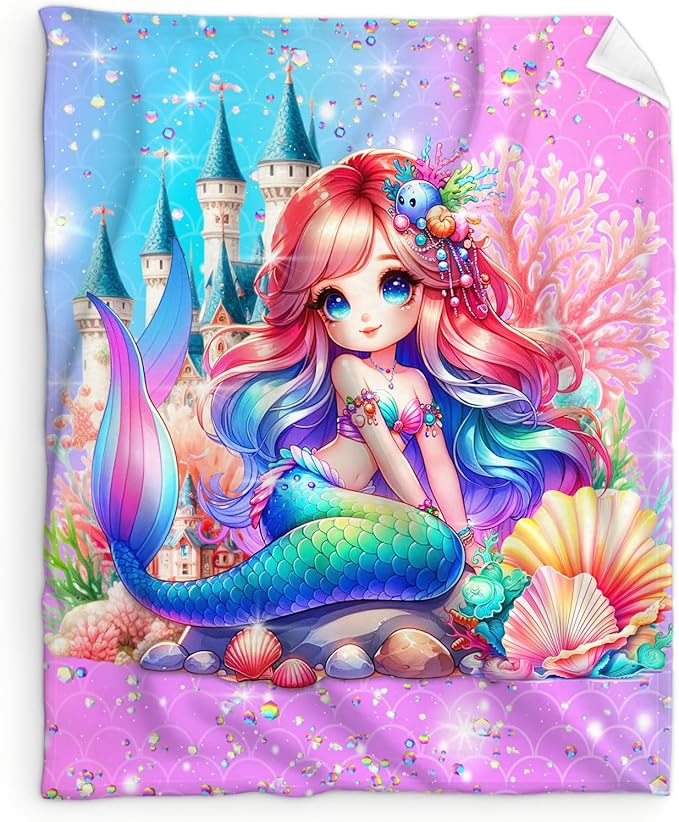Girls Mermaid Blanket, Throw for Toddlers Kids Mermaid Lovers 30x40 Inches Lightweight Soft Cute Throw Blankets for Sofa Couch Bed Trip