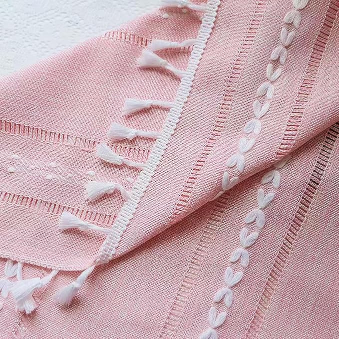 Deeprove Pink Boho Linen Curtains 72 inches Length for Blush Baby Girl Bedroom Living Room Dining Nursery, Hollow Semi Sheer Curtains Darkening Embroidery Drape Window Treatment, 1 Panel W52 x L72