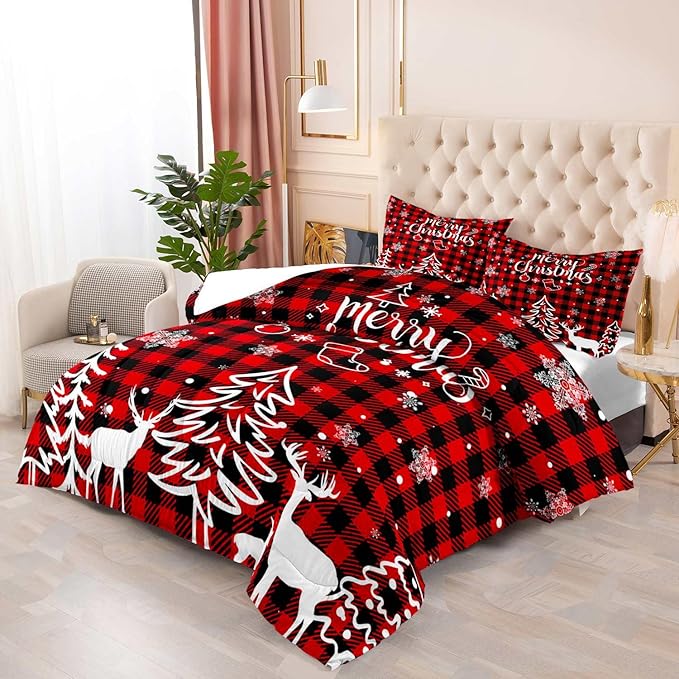 LUVIVIHOME 3PCS Christmas Comforter Set Full Size, Plaid Bedding, Red and Black Buffalo Check Snowflake Forest Deer Merry Christmas Bedroom Decor, Soft Microfiber Quilt, Xmas Gifts, 2 Pillow Cases