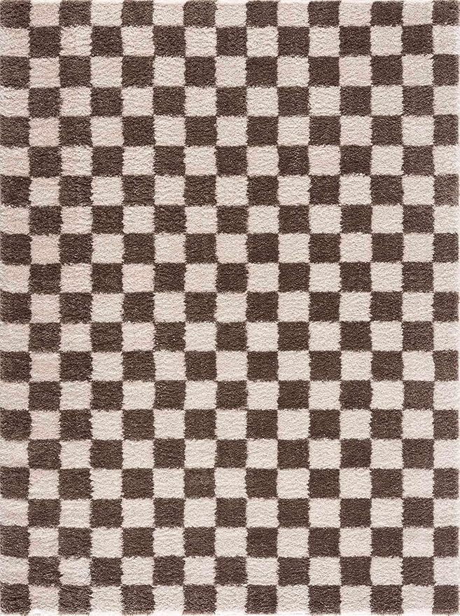 Hauteloom Canika Modern Checkered High Pile Area Rug - Contemporary Geometric Carpet for Living Room, Bedroom - Machine Washable Area Rug - Peach, Dark Brown - 6'7" x 9'
