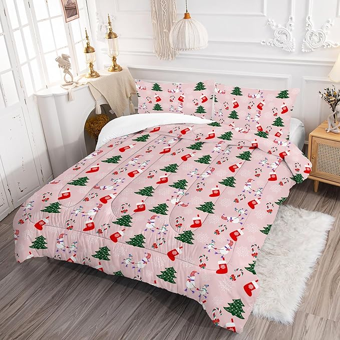 Pink Christmas Comforter Twin: Kids Bedding Set with Xmas Tree Snowman Stocking Candy Cane Snowflake for Teen Girls Boys Holiday Quilt Decor 1 Comforter & 1 Pillowcase