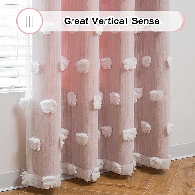 MYSKY HOME Light Blocking Pink Curtains for Living Room White Sheer Pom Pom Kids Room Decor Drapes 102 Inches Long Double Layer Curtain for Sliding Door Grommet Window Panels Set of 2 52" x 102"