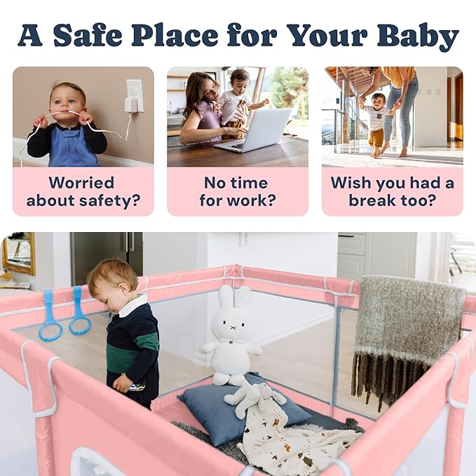 Todale Play Pen - 50 x 50 x 27 in, Pink - Baby Playpen Play Yard with Breathable Mesh & Anti-Slip Base - Portable Crib & Foldable Playpen for Babies & Toddlers