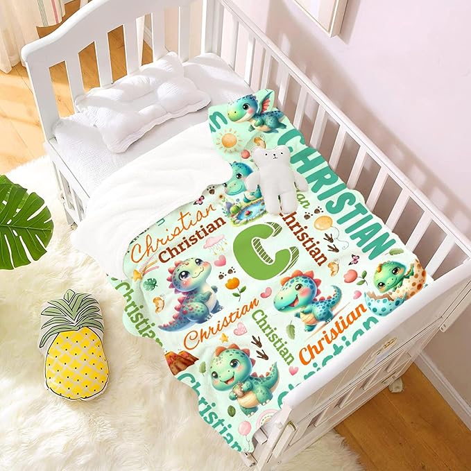 Personalized Custom Green Dinosaur Preschool Blanket Gifts for Baby Toddler Kids Boys Girls - Customized Green Dinosaur Super Soft Flannel Sheets Decor for Crib Nap Couch - 30"x40" for Baby/Pets